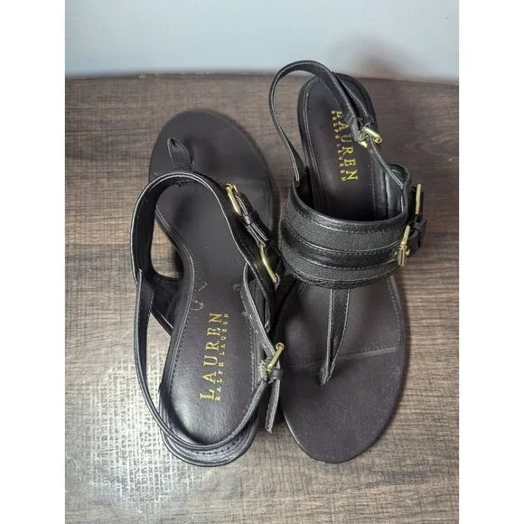 Ralph Lauren Womens Leather Adjustable Slingback T-Strap Thong Sandal Black 8 - Picture 6 of 11